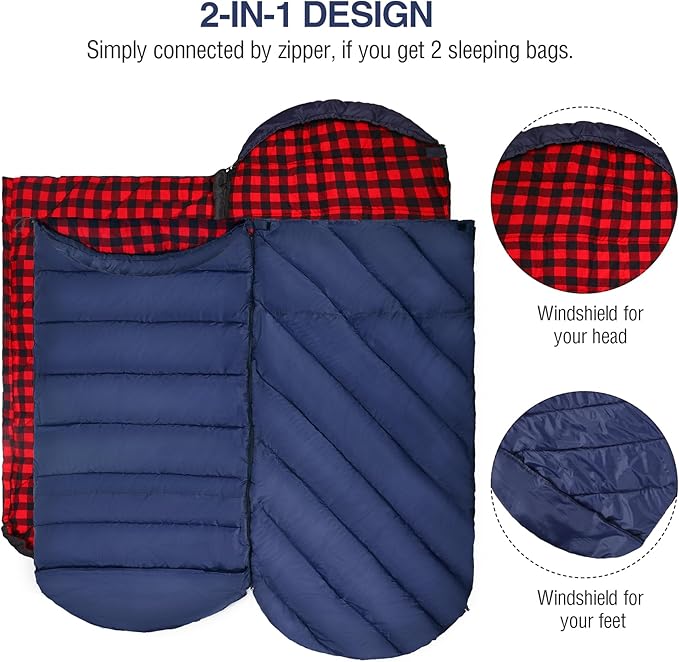 REDCAMP Flannel Sleeping Bag for Adults, Comfortable Cotton Sleeping Bags for Camping with Detachable Hood, Red/Grey/Blue
