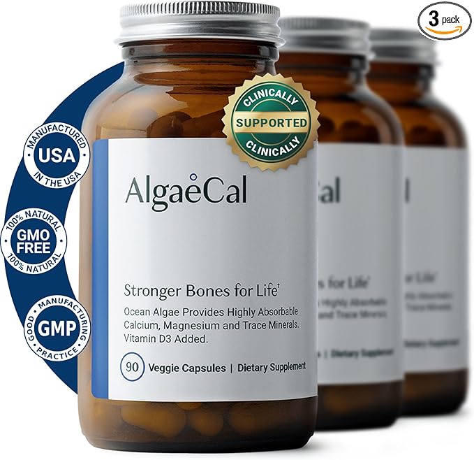 ALGAECAL - Plant Based Calcium Supplement with Vitamin D3 (1000 IU) for Bone Strength, Contains 13 Minerals Supporting Bone Health, Organic Calcium (750 mg) for Women & Men, 90 Caps, 3 Month Supply
