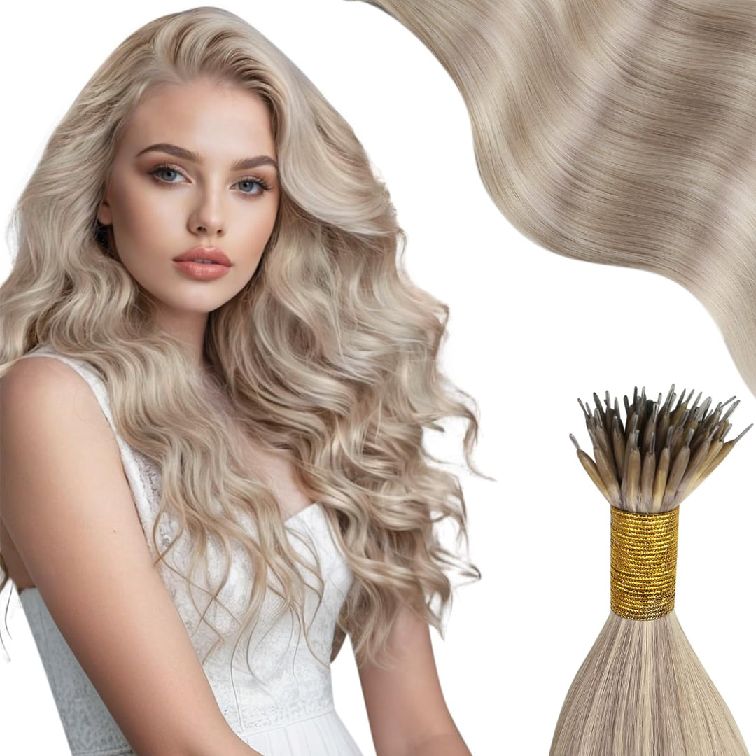 Moresoo Nano Extensions Human Hair Blonde Highlight Nano Tip Hair Extensions Real Human Hair Ash Blonde With Blonde Nano Hair Ex
