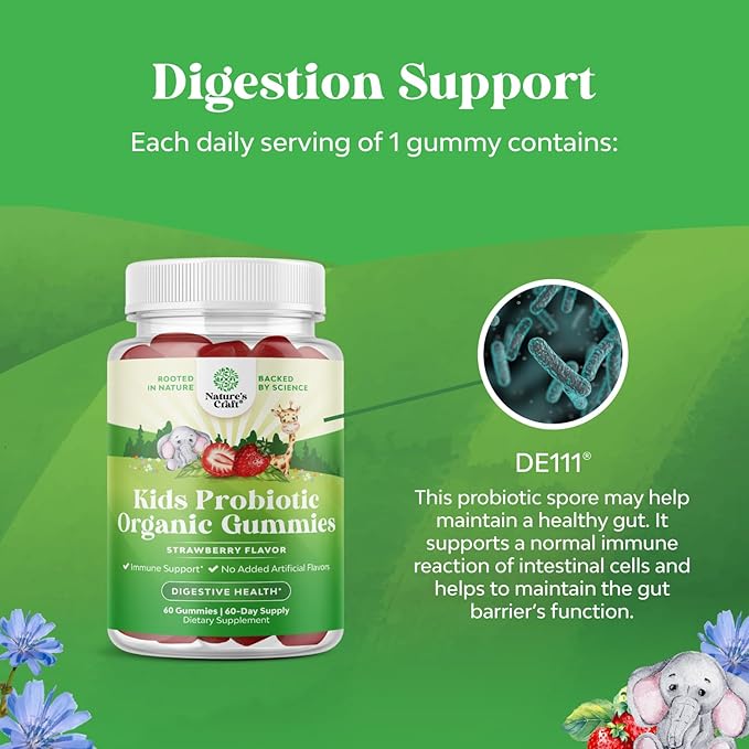 Natures Craft USDA Organic Probiotic Gummies for Kids - Vegan Non-GMO Kids Probiotic Gummy Vitamin for Immunity and Digestive Health - Gentle 2.5B CFU Organic Probiotics Strawberry Flavor (4 Month)