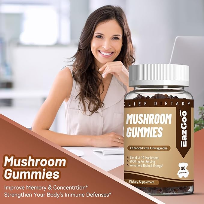 Mushroom Gummies Supplement - with Ashwagandha, Lions Mane, Shitake Mushrooms, Turkey Tail, Chaga, and Cordyceps Mushroom for Immune Health, Mood & Stress Support (90 Gummies)