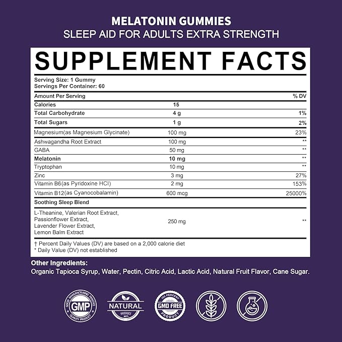Melatonin Gummies 10mg 20mg for Adults, Melatonin 10 mg per Gummy with Ashwagandha, Magnesium Glycinate, GABA, L-theanine, Valerian Root and Lemon Balm, Rest Support Supplement, Grape Flavor, 60 Cts