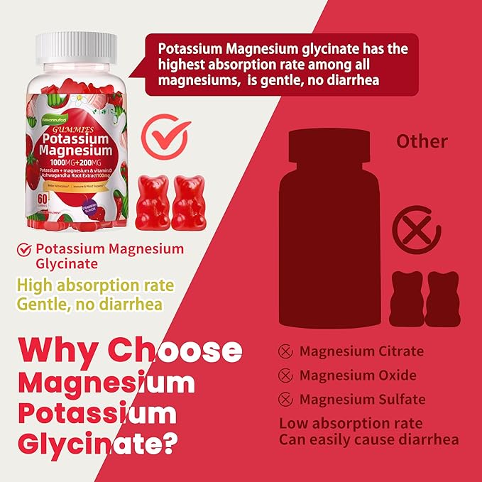 Potassium Magnesium Gummies,High Absorption Magnesium Glycinate,B6,D3,Potassium Citrate for Leg Cramps,Muscle,Electroyte for Adults Kids,Sugar-Free, 120 Gummies (Strawberry Flavor)