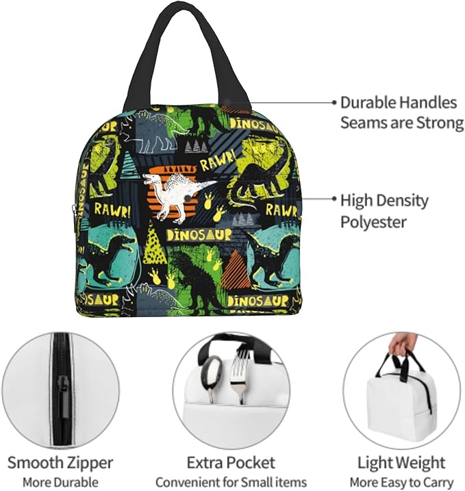 Dinosaur Insulated Lunch Box Portable Thermal Cooler Box Cartoon Cute Dino Reusable Kids Lunch Tote Bag for School Office Work Picnic Travel