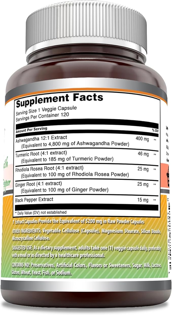 Amazing Formulas Ashwagandha Supplement | Contains Turmeric, Ginger, Rhodiola, & Black Pepper | 5200 Mg Per Serving | Veggie Capsules | Non-GMO | Gluten-Free | Made in USA (1 Pack, 120 Count)