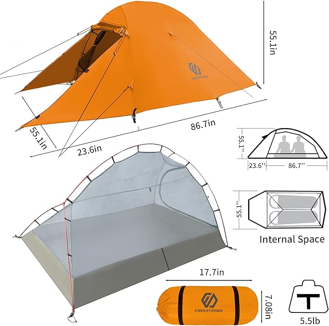 2 Person Camping Tent with 3 Aluminum Alloy Poles, 4 or 3 Season Waterproof Tent, Double Layer,Easy Setup, 2 Doors for Outdoor Hiking,Mountaineering,Survival,Travel