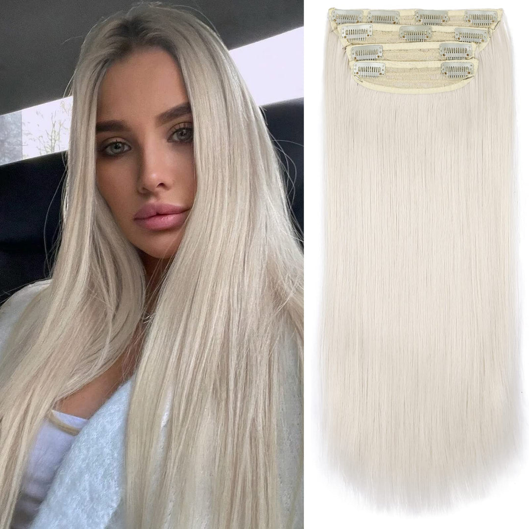 Clip In Synthetic Hair Extensions Platinum Blonde 20 Inch Full Head Ice Blonde Hair #60 Clip In Extensions 4Pcs Clip In Hair Ext