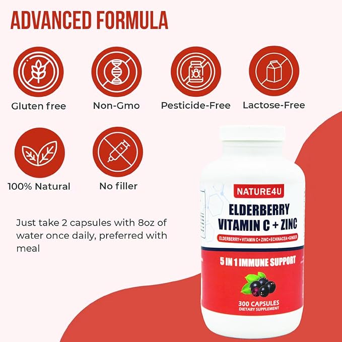 5 in 1 Elderberry Immune Support Supplement, Daily Immune Boosters for Adults Antioxidants Supplement, Elderberry 1000 mg, Vitamin C, Zinc, Echinacea, Ginger, 300 Vegan Capsules - 5 Month