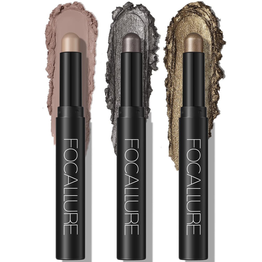 FOCALLURE 3PCS Cream Eyeshadow Stick Sets, Light to Dark, Matte and Shimmer Eye Brightener Pencil,Long Lasting Eye Shadow Highlighter Makeup,Smoky Star