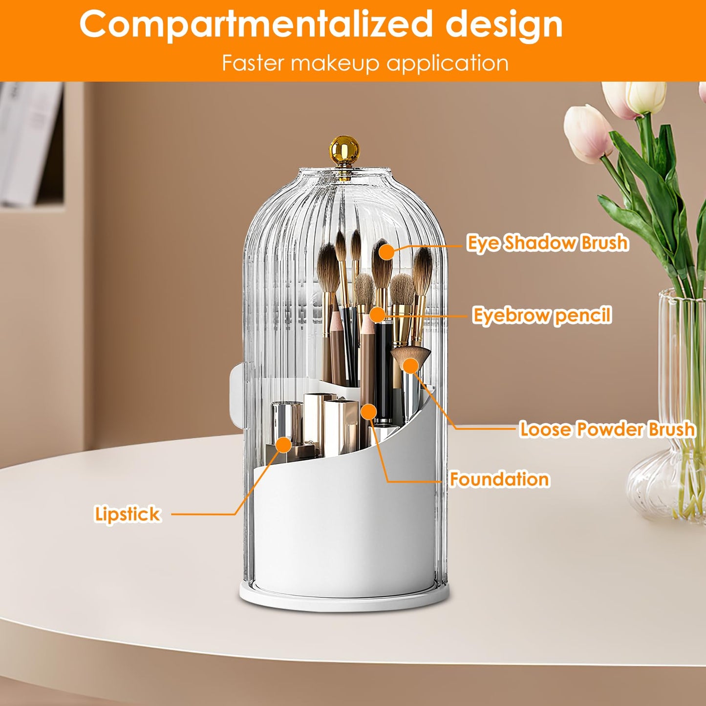 3 Slots Toothbrush Holder with Sliding Lid, 360° Rotating Covered Makeup Brush Holder, Bathroom Waterproof Dustproof Organizer for Vanity Bathroom (white)