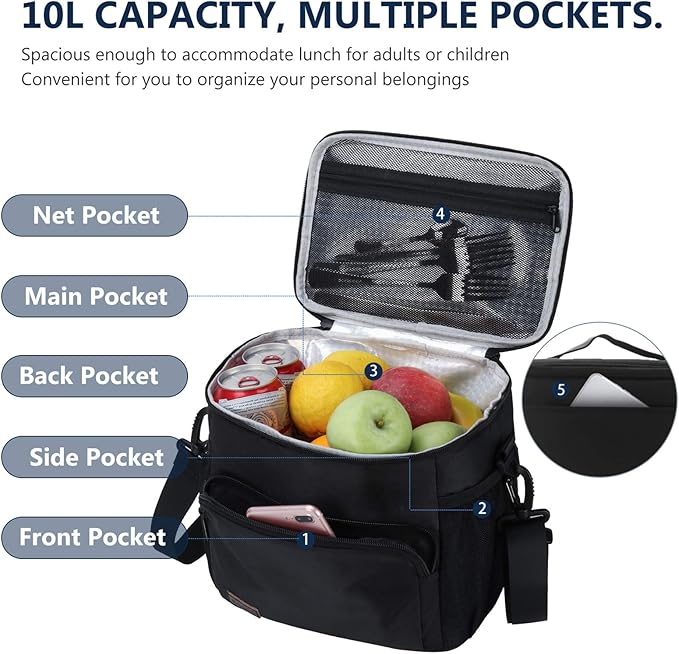 Gloppie Lunch Box for Men Women Insulated Lunch Bag Reusable Lunch Cooler Bag, Black