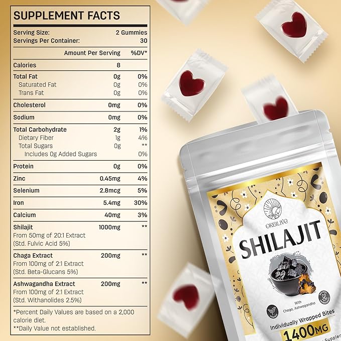1400 MG Shilajit Gummies, Shilajit Pure Himalayan Organic Gummies with Ashwagandha, Himalayan shilajit for Men, 85+ Trace Minerals & Fulvic Acid, Individually Wrapped, Sugar-Free, 60 Counts