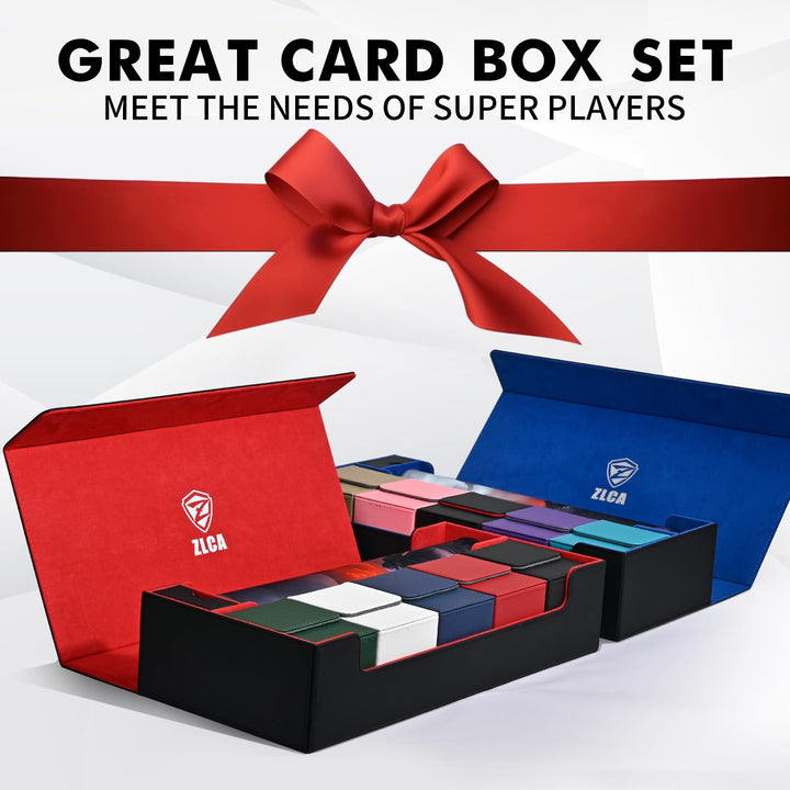 ZLCA Card Deck Box with Playmat for MTG TCG, Large Card Storage Box with 5 PCS Deck Box Holds 2400+ Unsleeved Trading Cards, Card Deck Case with Dice Tray Fits Yugioh Sports Cards (Black&Red Set)