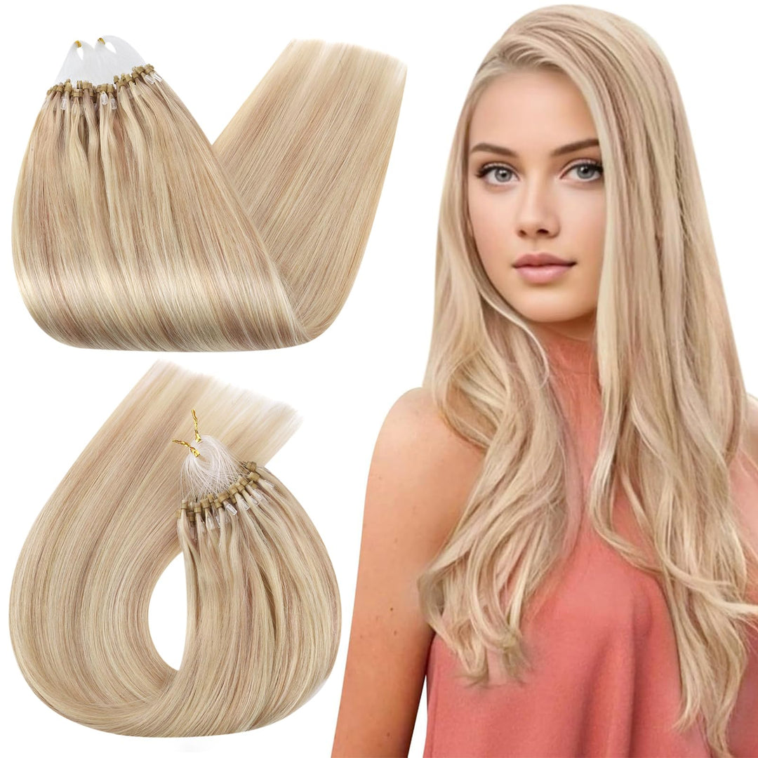 Ugeat Micro Ring Hair Extensions Human Hair 24 Inch Ash Blonde Highlight Bleach Blonde Micro Loop Hair Extensions Long Straight