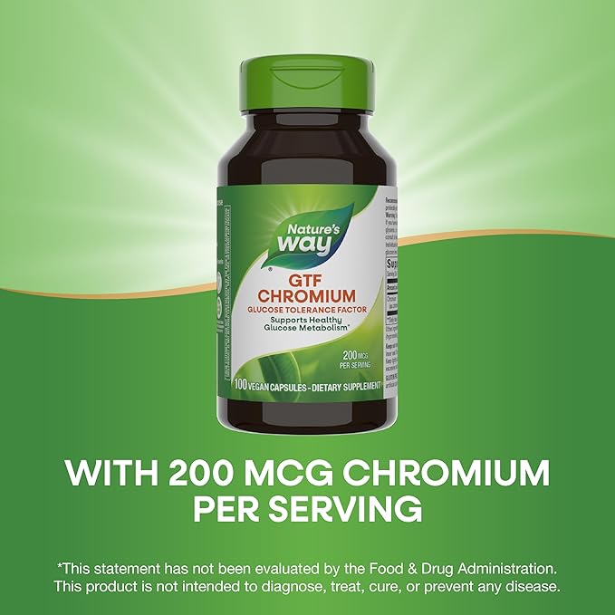 Nature's Way GTF Chromium, Glucose Tolerance Factor, Supports Healthy Glucose Metabolism*, 200 mcg Chromium per Serving, 100 Vegan Capsules (Packaging May Vary)