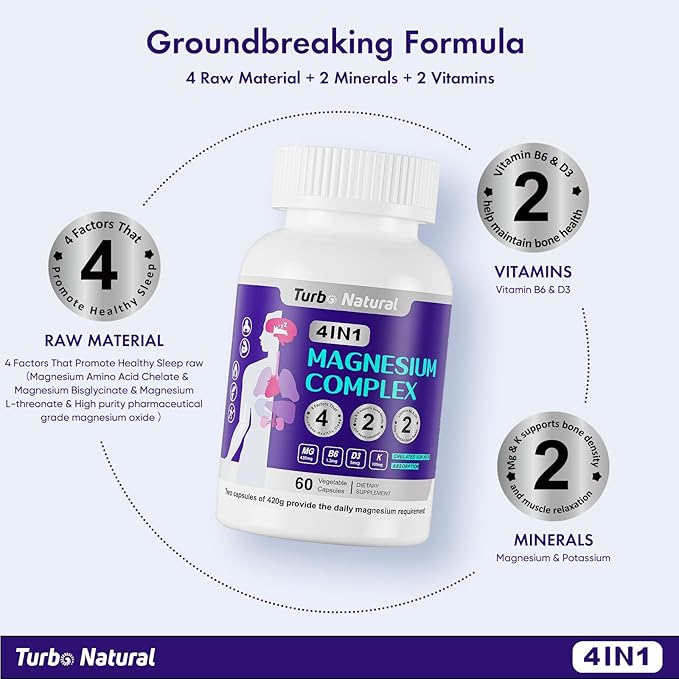 420 Mg Magnesium Bisglycinate L-Threonate Amino Acid Chelated Supplement with Vitamin and Potassium High Absorption Formula for Muscle Relaxation Bone & Joint Support Magnesium Complex Capsules(60)