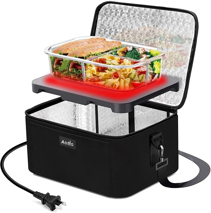 Aotto Portable Oven Electric Lunch Box Food Heater - 80W Heated Lunch Box Food Warmer for Adults, Work, Travel, Home Kitchen - Cook, Reheat, and Keep Warm (Black) 110V/120V