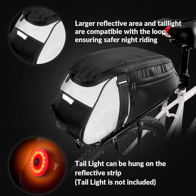 WOTOW Reflective Rear Rack Bag, Water Resistant Bike Saddle Panniers for Bicycles, 8L Trunk Cycling Back Seat Cargo Carrier Storage Pouch With Shoulder Strap for Travel Commute