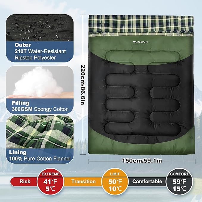 Cotton Flannel Double Sleeping Bag for Adults Machine Washable 2 Person Camping Sleeping Bag Queen Size Waterproof with Compression Sack for Cold Weather 3-4 Seasons