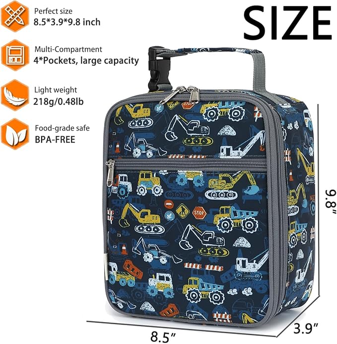 Lunch Box for Kids Boys Girls Men Women, Insulated Small Soft Cooler Lunch Bag Kit for School Work Picnic Travel - Reusable Portable lunchbox, Construction Truck