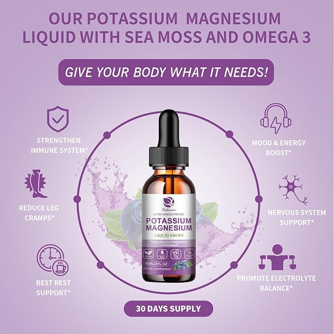 Potassium Magnesium Supplement Liquid w/Triple Complex Magnesium Glycinate & Potassium Plus Omega 3, Sea Moss, Black Seed, D3K2 & Calcium for Zzz, Leg Cramps & Muscle-2 FL OZ Drop