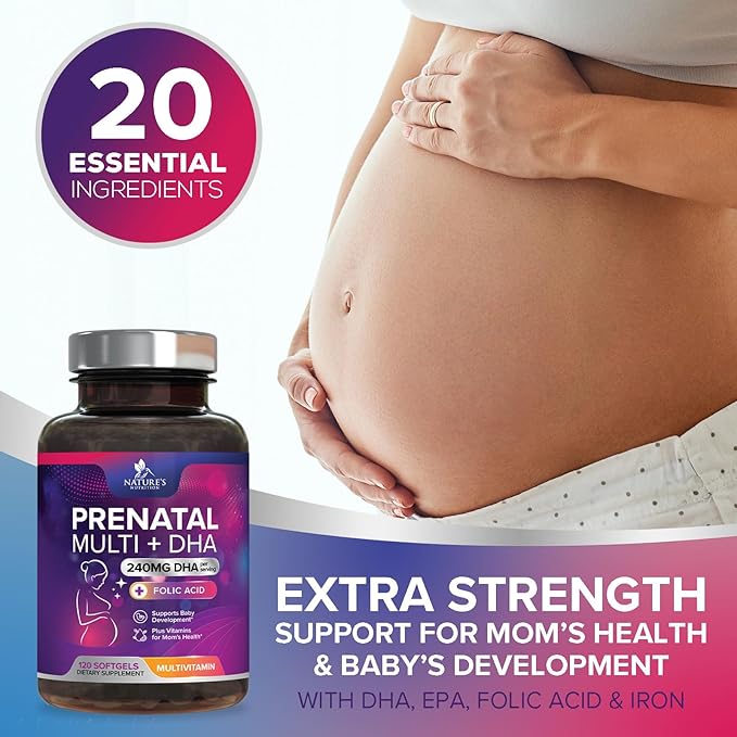 Prenatal Vitamins for Women with Folate & DHA, Prenatal Multivitamin Supports Brain Development with Folic Acid, Omega 3, Vitamin A, C, D, B6, B12 & Iron, Pregnancy Supplement, Non-GMO - 120 Softgels