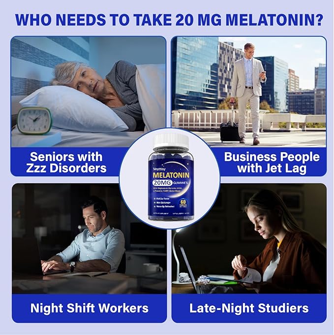Melatonin 20mg Gummies for Adults - Max Strength Melatonin Gummy Supplement with Magnesium Glycinate, B6, B12, L-Theanine, GABA, 5-HTP & Herbs - Non-Habit Forming, Vegan, Natural Mixed Berry Flavor