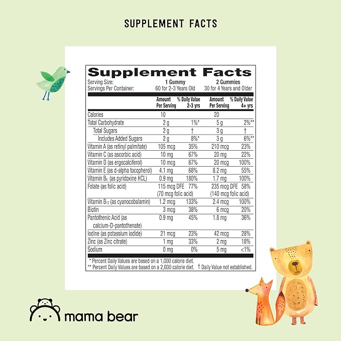 Amazon Brand - Mama Bear Organic Kids Multivitamin, 60 Gummies, 1 Month Supply (Packaging May Vary), Berry, Cherry & Orange
