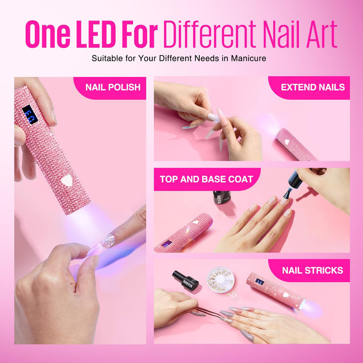 MEFA UV Light for Gel Nails, Pink Glitter Handheld Nail Lamp Visible LED Timer Touch Screen, Cordless Nail Light for Gel Nail Polish Stickers Strips, Gifts for Women