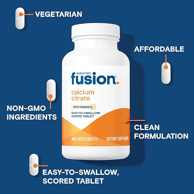 Bariatric Fusion Non Chewable Calcium Citrate with Vitamin D3 Tablet | Easy to Swallow Calcium Supplement with Vitamin D to Increase Absorption* | Bariatric Calcium Citrate 600mg | 180 Tablets