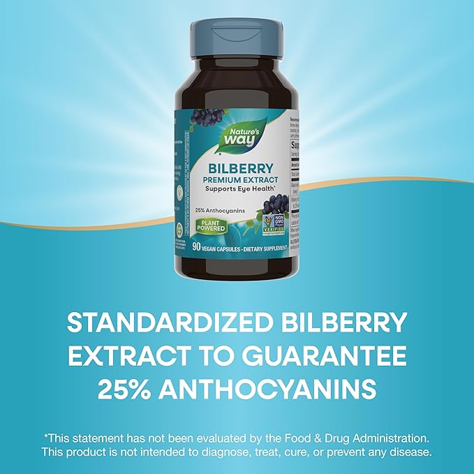 Nature's Way Bilberry Premium Extract, Supports Eye Health*, Eye Health Supplement for Adults with Black Elderberry*, Gluten Free, Vegan, 90 Capsules