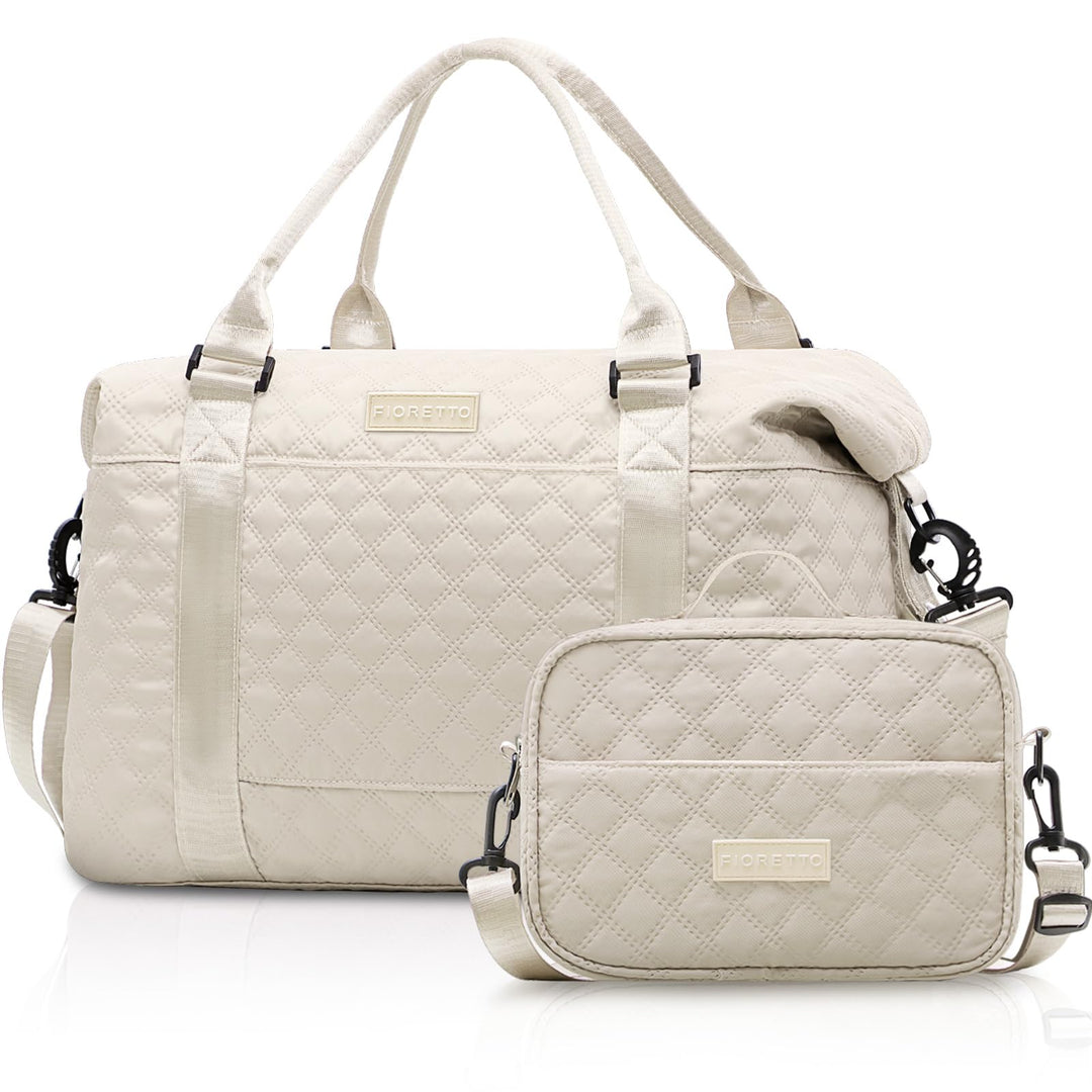 FIORETTO Women's Water-Resistant Travel Gym Duffle Bag with Detachable Strap, Multi-Functional, Ideal for Travel, Gym, Sports, Weekender, DUffel, with Toiletry Bag, Beige