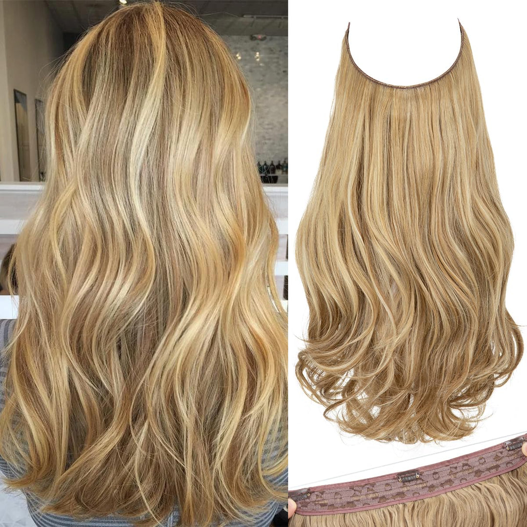 SARLA Invisible Wire Hair Extensions with 3 Clips Short Wavy Curly Synthetic Hairpiece for Women Adjustable Transparent Headband 14 Inch Sahara Beige