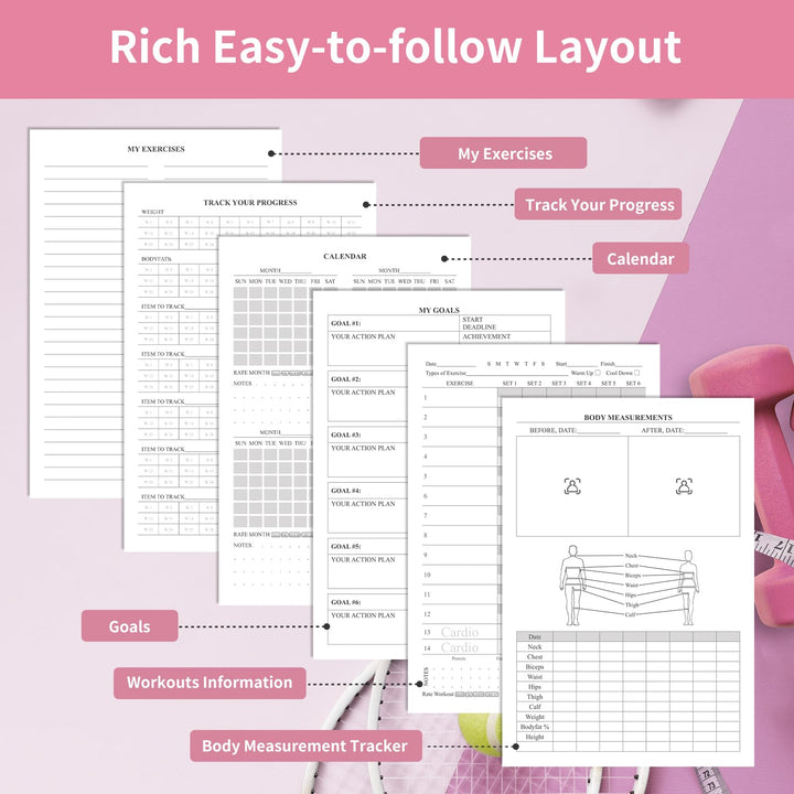 Fitness Workout Journal for Women & Men, A5 Hardcover Workout Log Book & Gym Exercise Planner With Progress Tracker, Goals, Calendar, 5.8" x 8.4" - Pink