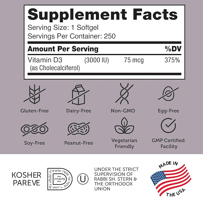 Zahler Vitamin D3 3000IU, Vitamin D3 Supplement 3,000 IU, Certified Kosher (250 Softgels)