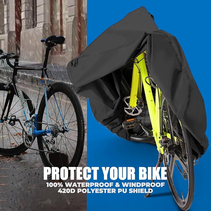 Bike Cover for 1 or 2 Bikes Outdoor Storage Waterproof Bicycle Cover for Transport on Rack, Rain Sun UV Dust Wind Proof with Wind-Secure Strap & Storage Bag, 420D Heavy Duty Bike Covers