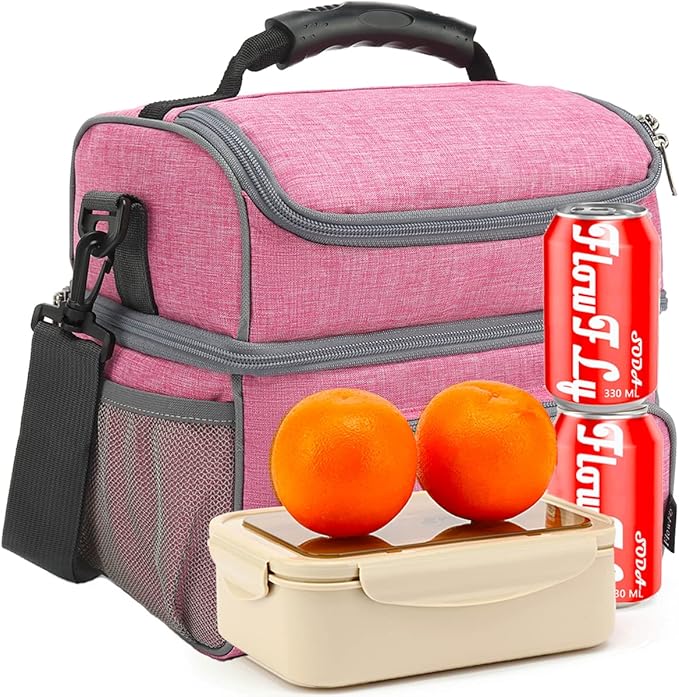FlowFly Double Layer Cooler Insulated Lunch Bag Adult Lunch Box Large Tote Bag for Men, Women, With Adjustable Strap,Front Pocket and Dual Large Mesh Side Pockets