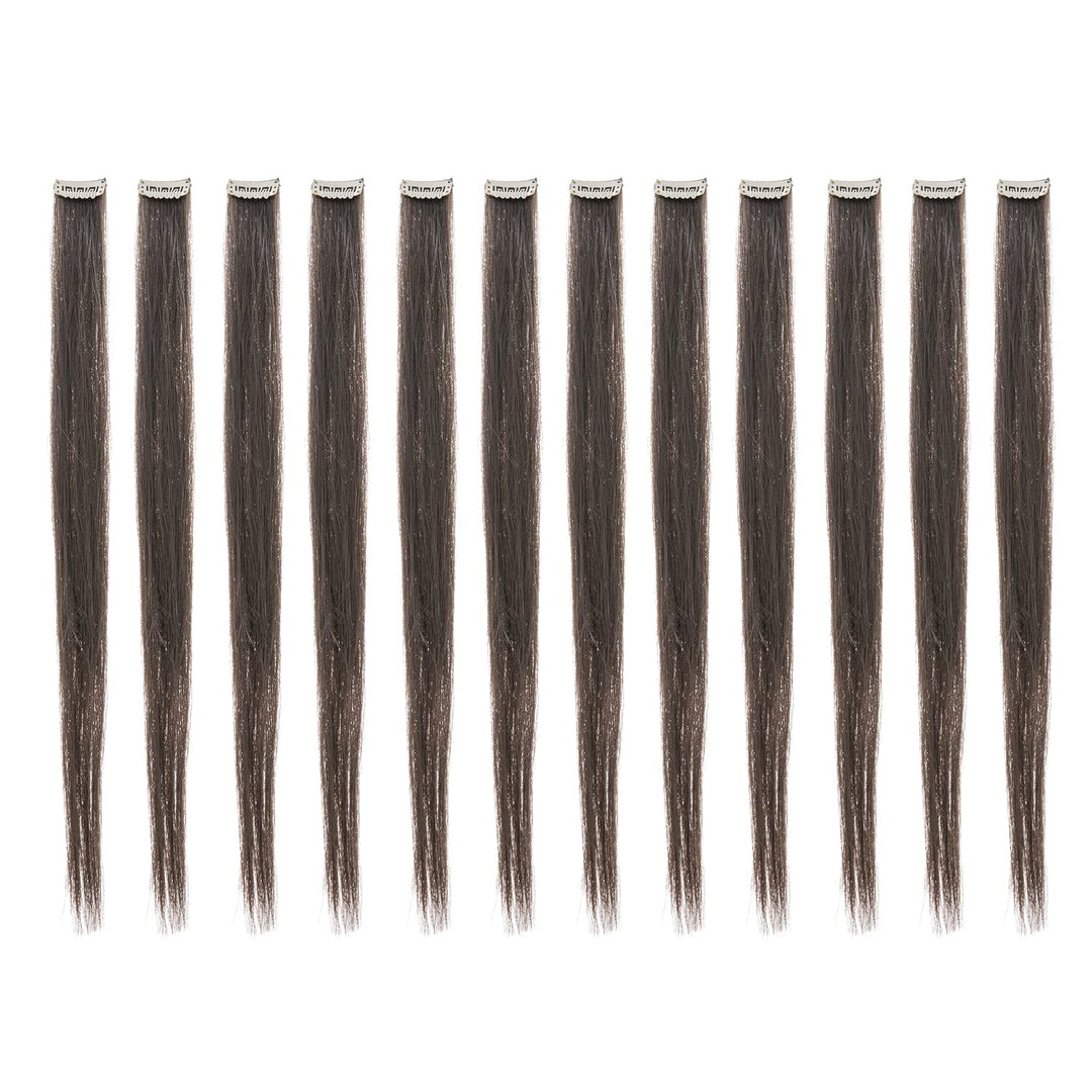SWACC 12 Pcs Straight One Color Party Highlights Clip on in Hair Extensions Colored Hair Streak Synthetic Hairpieces (Dark Brown-4#)