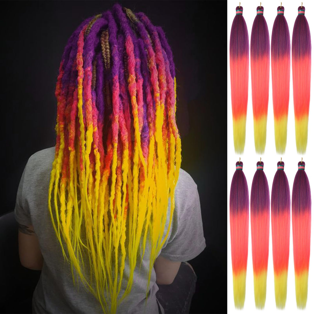 RUN SHUI Ombre Purple-Pink-Yellow Pre Stretched Braiding Hair, 36 Inches Braid Hair Extensions, 8 packs Multi Color Blend Braiding Hair Pre-stretched, Crochet Hair Braiding