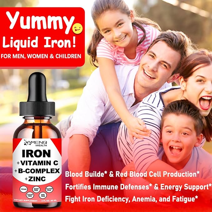 2 Pack Liquid Iron Supplement w/ Vitamin C, A, B-Complex, Vegan Iron Drops High Potency Liquid Vitamin & Iron Supplements for Women, Men & Children -Support Red Blood Cell, Energy, Anemia & Fatigue