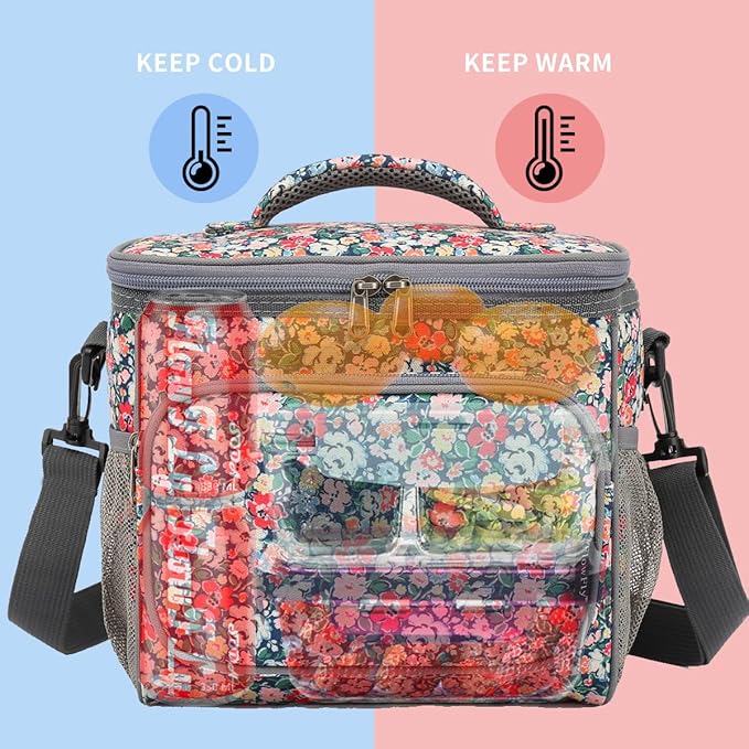 FlowFly Insulated Reusable Lunch Bag Adult Large Lunch Box for Women and Men with Adjustable Shoulder Strap,Front Zipper Pocket and Dual Large Mesh Side Pockets,Floral