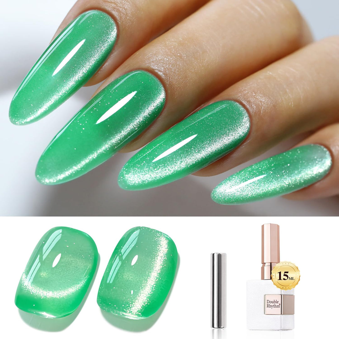 Double Rhythm Jelly Glass Cat Eye Gel Polish with Magnet 15ML Holographic Glitter Shimmer Translucent Sheer Color Magnetic Nail Polish Salon DIY at Home (Spring Green-MC1067)