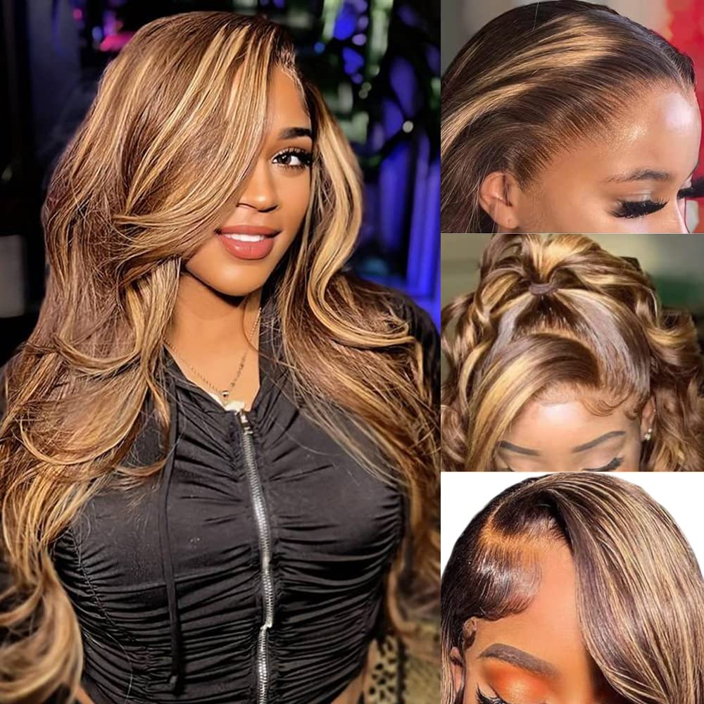 Avolo Highlight Ombre Lace Front Wig Human Hair Pre Plucked Honey Blonde 4/27 Colored Wig Transparent Hd 13X4 Body Wave Frontal