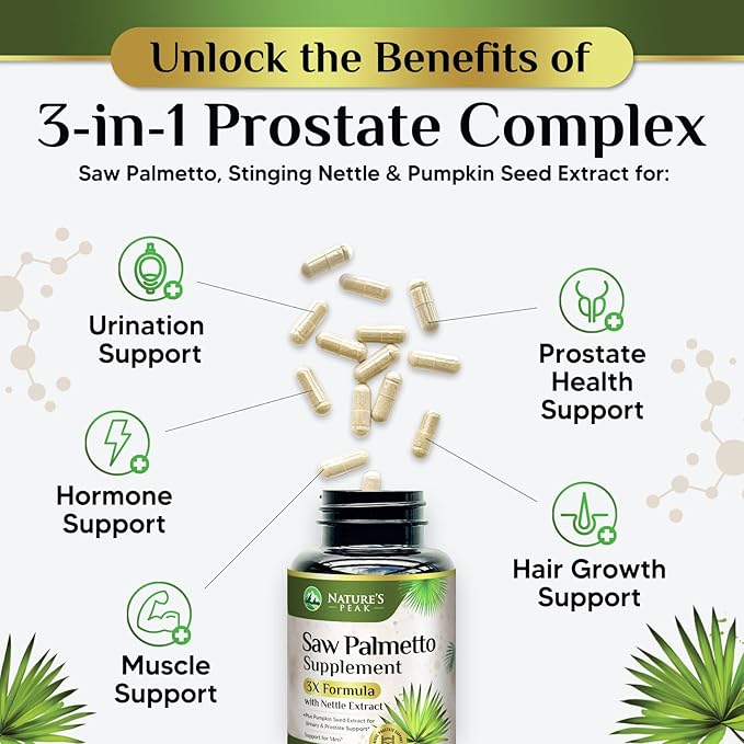 Saw Palmetto for Men Prostate Supplement - Potent 3X Formula with Stinging Nettle + Pumpkin Seed Extract for Men's Health, Herbal Prostate Supplement for Urinary Support, Bottled in USA, 120 Capsules