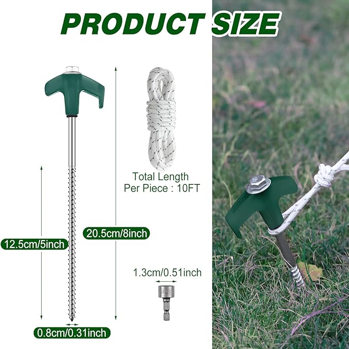20 Pcs 8'' Screw in Tent Stakes Heavy Duty Camping Stakes Ground Anchors Metal Canopy Stakes Tent Spikes Stake Pegs with 4 x 10 ft Ropes for Sand Hiking Travel with Hex Head Driver(Green)