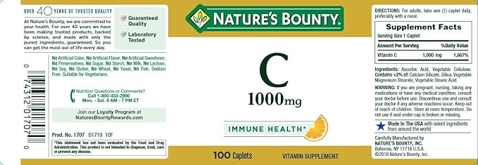 Nature's Bounty Vitamin C, 1000mg, Supports Immune Health, 100 Caplets (Pack of 2)