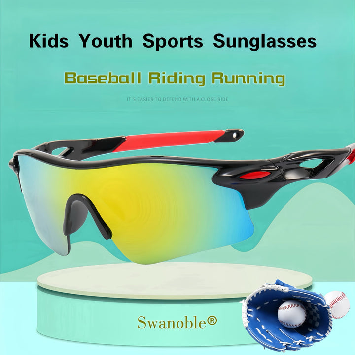 swanoble UV400 2 Sports Sunglasses for Kids Cycling,Light frame Sunglasses for Boys Girls,Youth Softball Baseball Golf (Transparent Green+black Red)