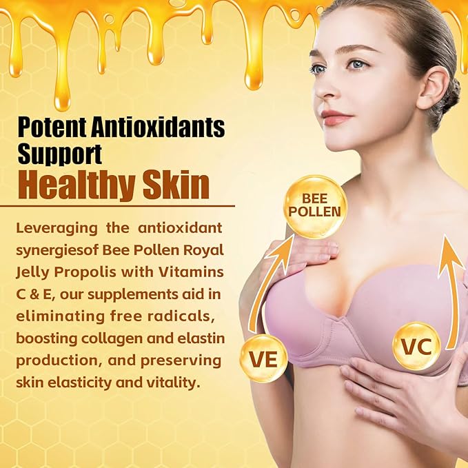 Bee Pollen 1000MG Gummies with 500MG Royal Jelly & Bee Propolis, Sugar Free Bee Pollen Supplement Rich in Vitamin C & E, Vegetarian, Non-GMO, Gluten Free, Support Immunity & Skin Health