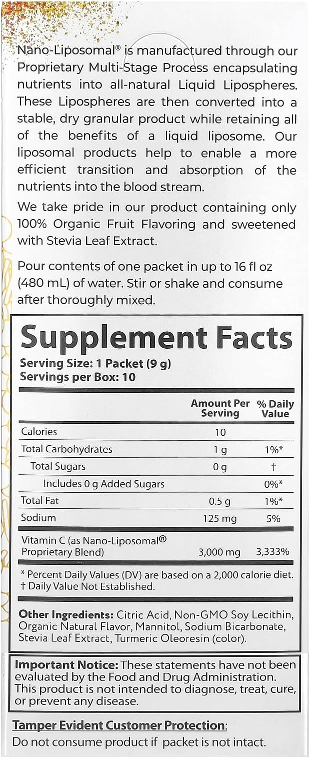 Aurora Nutrascience Nano-Pack Liposomal Vitamin C Powder Drink Mix, Immune Support, High Strength 3,000 mg Per Serving 10 Single Serve Packets, Orange