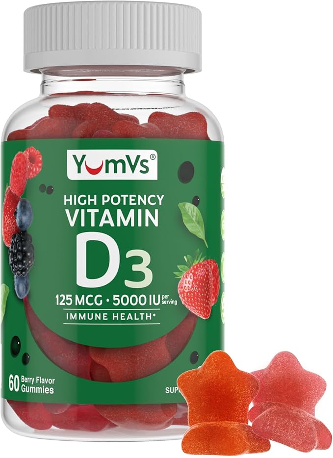 YUM-V'S Vitamin D3 Jellies, Vitamin D 5000 IU, Daily Dietary Supplement, Mixed Berry Flavor Chewable Jellies, Vegetarian, Gluten-Free and Kosher Halal - 60 Count